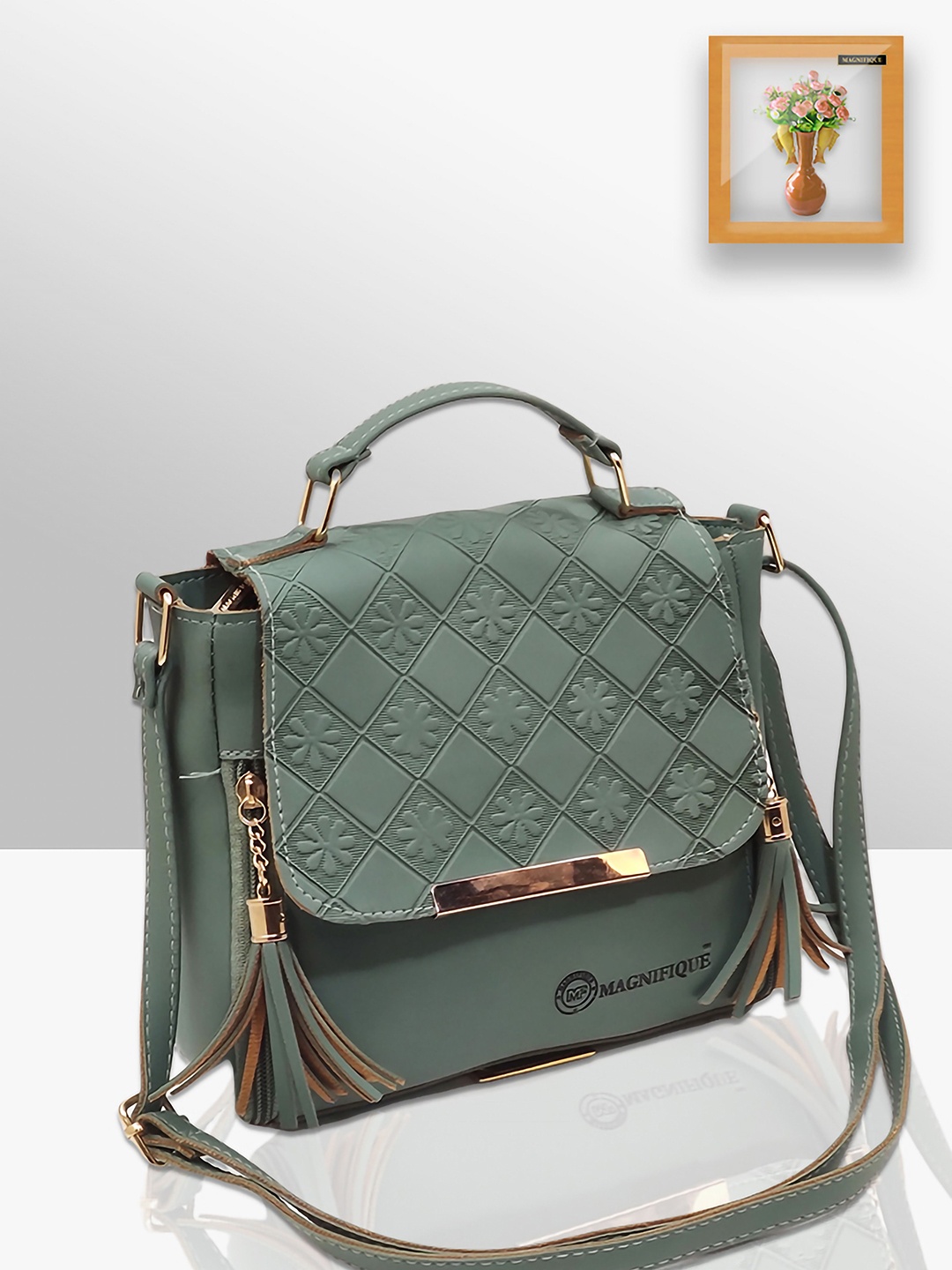 

MAGNIFIQUE Textured PU Sling Bag, Green