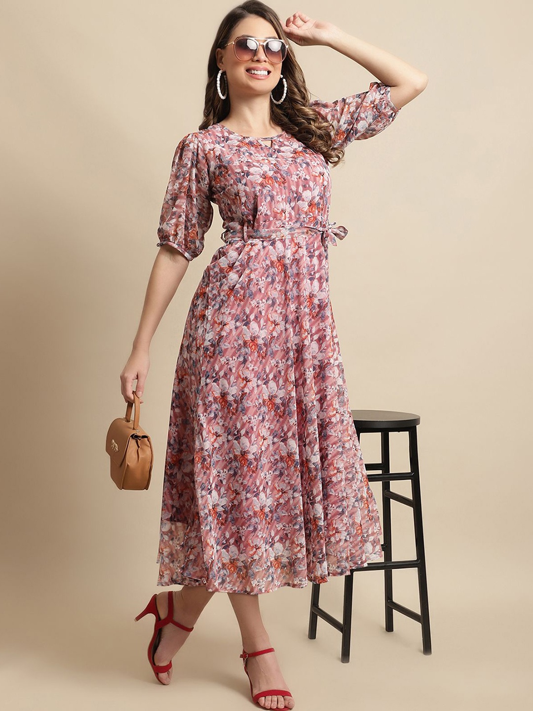 

Tromko Floral Printed Georgette Fit & Flared Maxi Dress, Pink