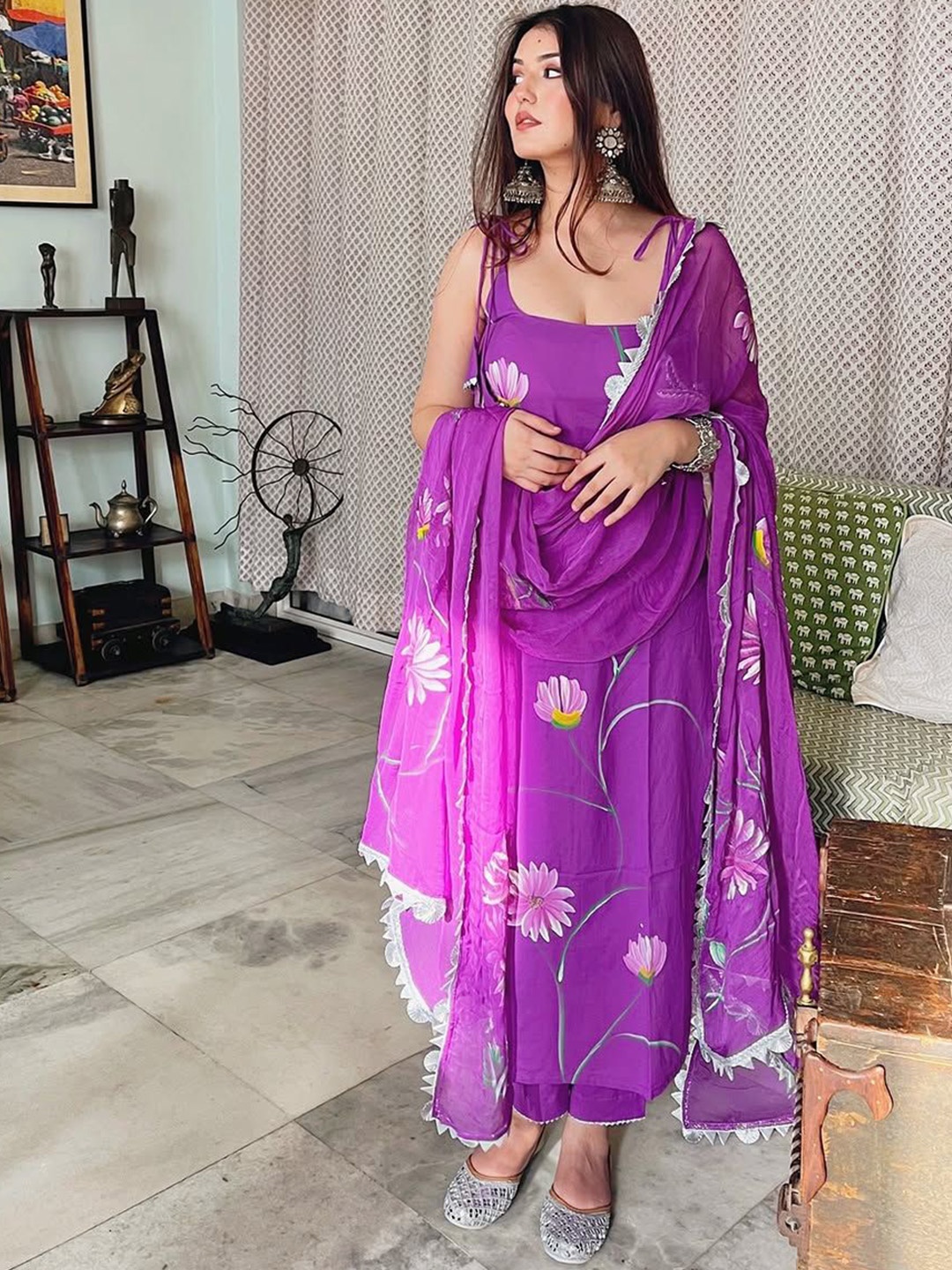 

KALINI Floral Printed Scoop Neck Kurta With Trousers & Dupatta, Purple