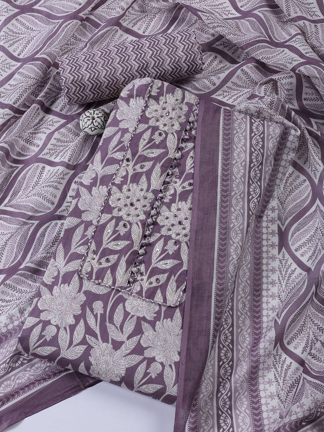 

Meena Bazaar Floral Printed Sequinned Unstitched Dress Material, Mauve