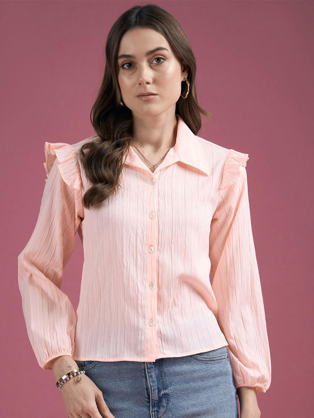 

CORSICA Puff Sleeve Ruffles Shirt Style Top, Pink