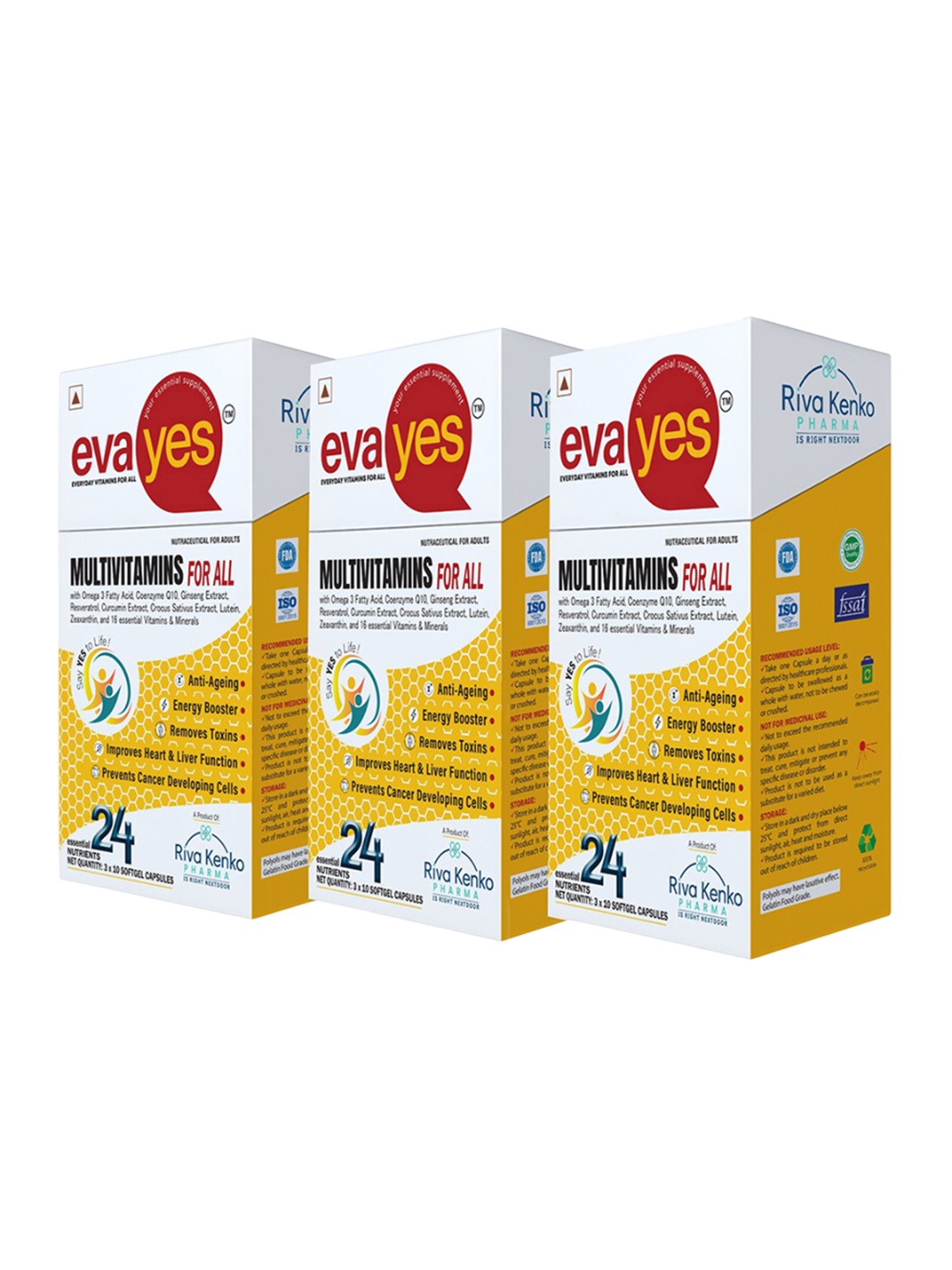 

RivaKenko Set Of 3 Eva Yes Multivitamins With Resveratrol & Omega- 30 Capsules Each, Brown