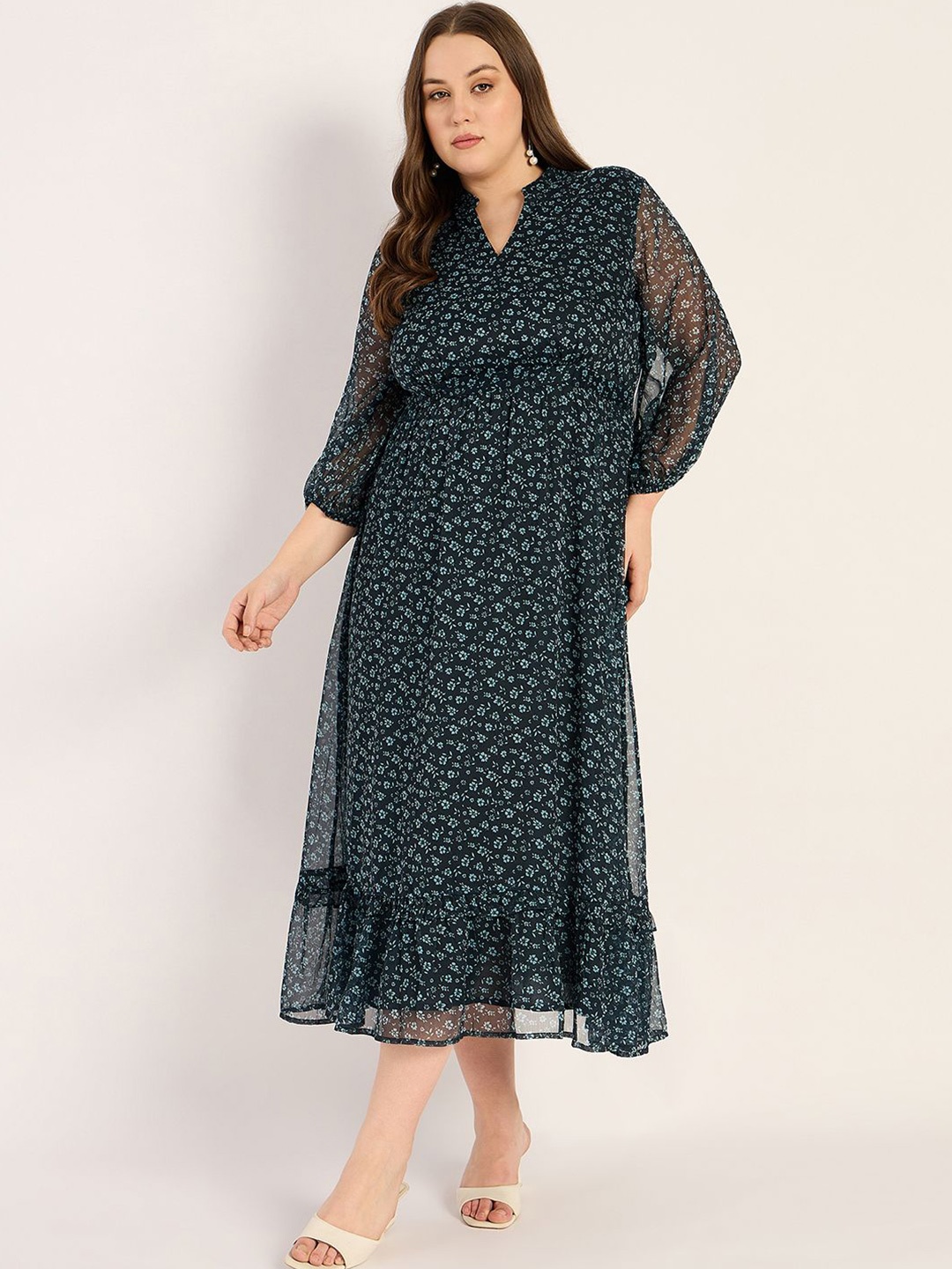 

FEMMELLA Women Plus Size Floral Printed Puff Sleeve Fit and Flare Dress, Navy blue