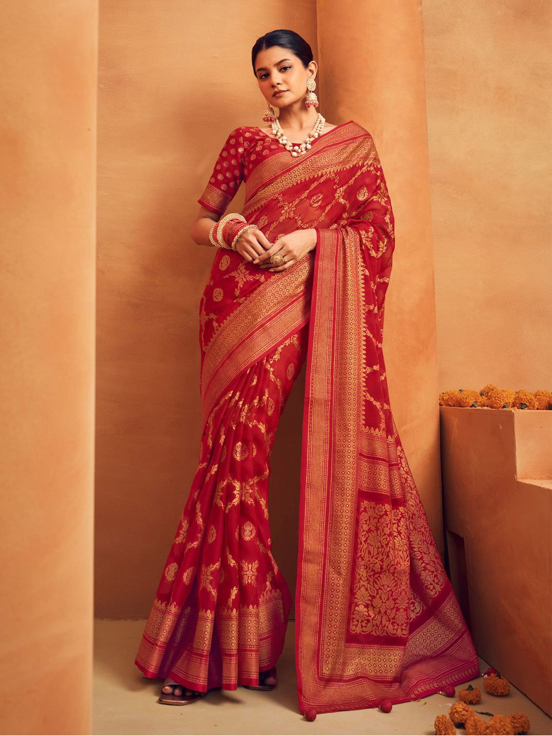 

Anouk Ethnic Motifs Poly Georgette Designer Saree, Red