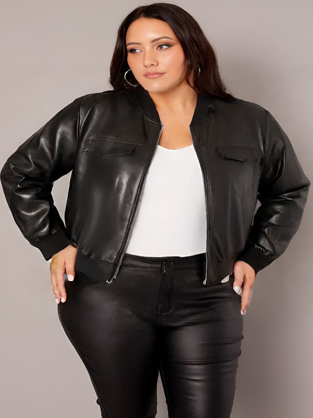 

Shiv traders collection Women Leather Crop Leather Jacket, Black