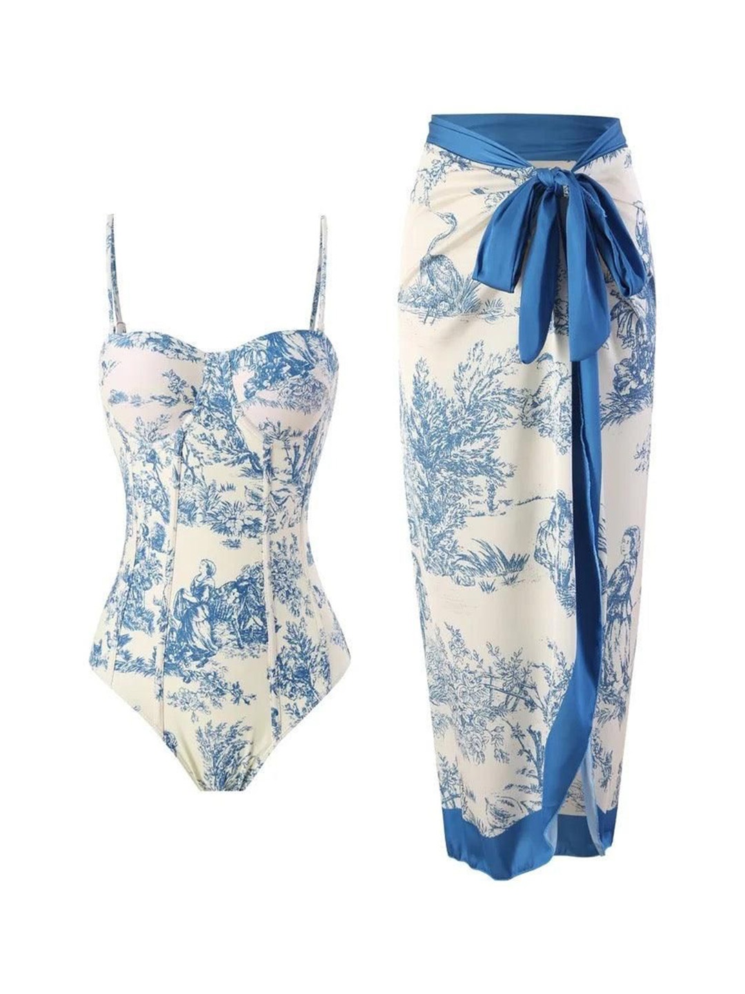 

Alamode By Akanksha Blue Printed Greece swimsuit with Sarong Skirt