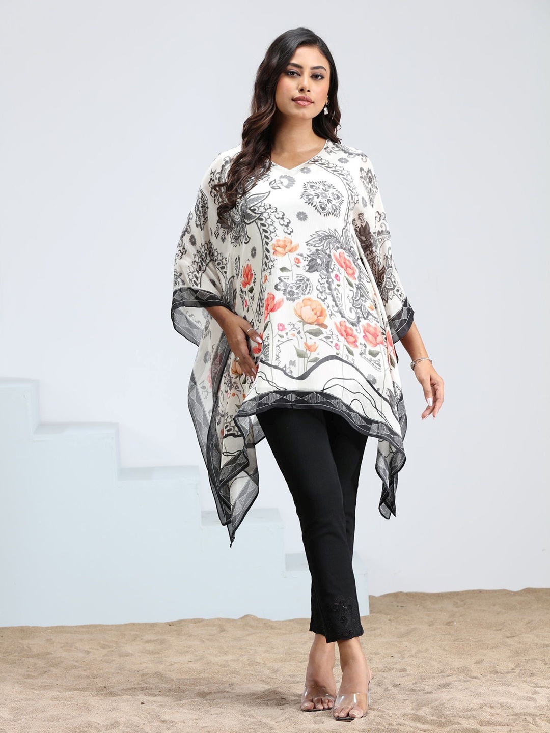 

FREYAA Women Floral Printed V-Neck Kaftan Dress, Off white