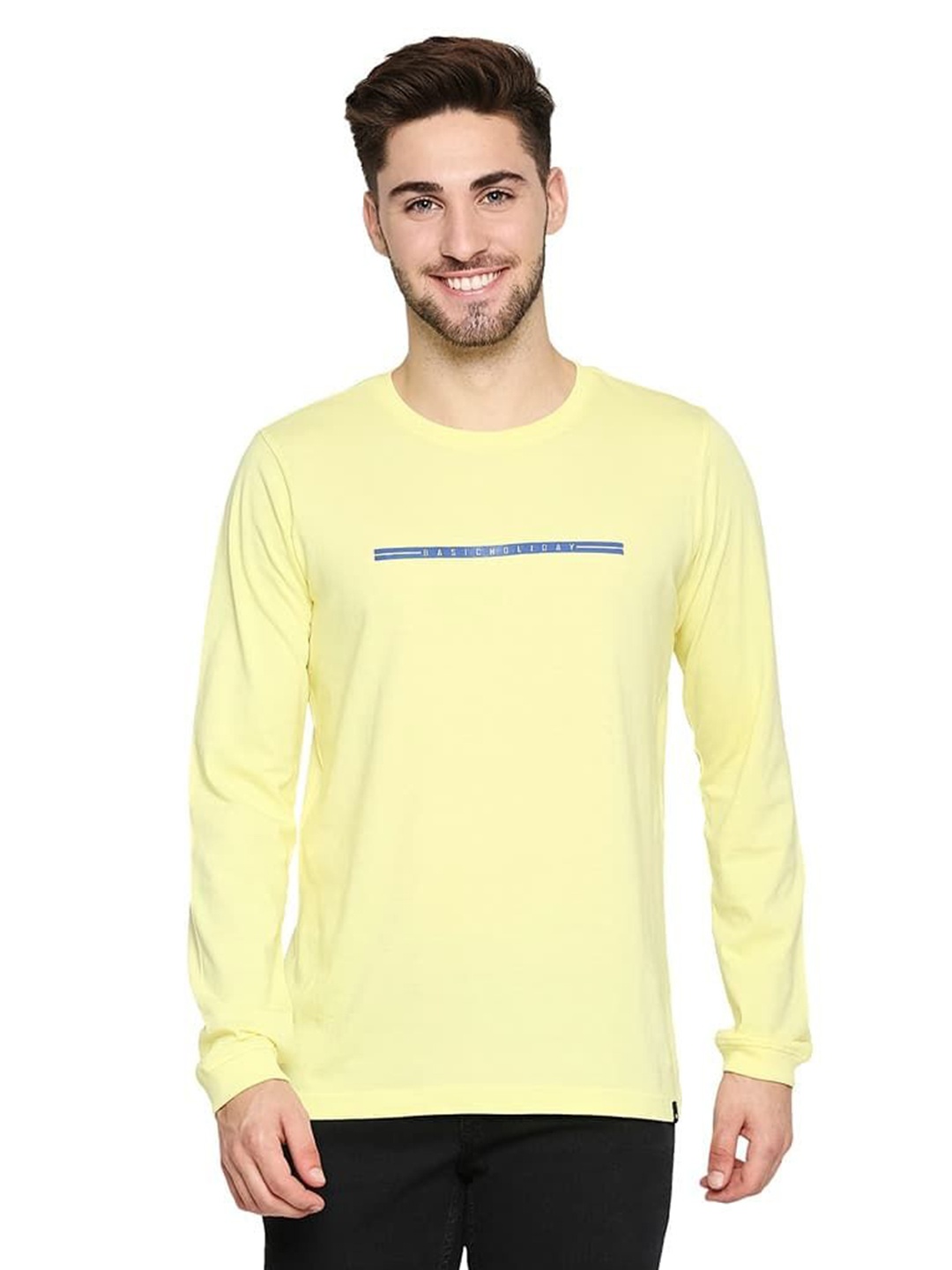 

Basics Men Typography Printed Round Neck Cotton T-shirt, Yellow