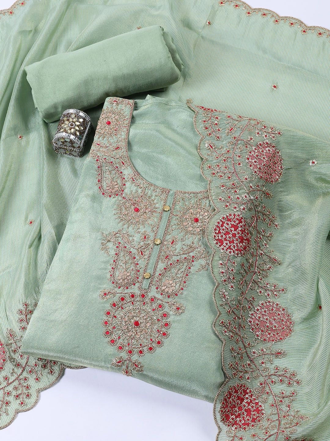 

Meena Bazaar Floral Embroidered Zari Unstitched Dress Material, Sea green