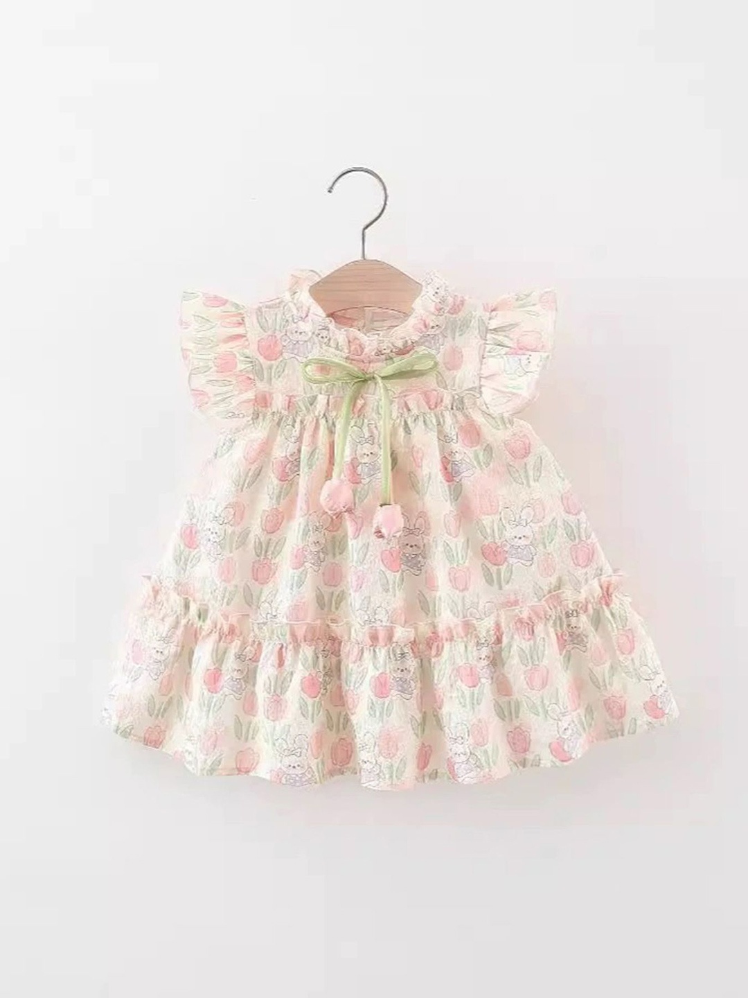 

LULU & SKY Girls Cotton Mock Neck Floral Printed Flutter Sleeve Empire Dress, White