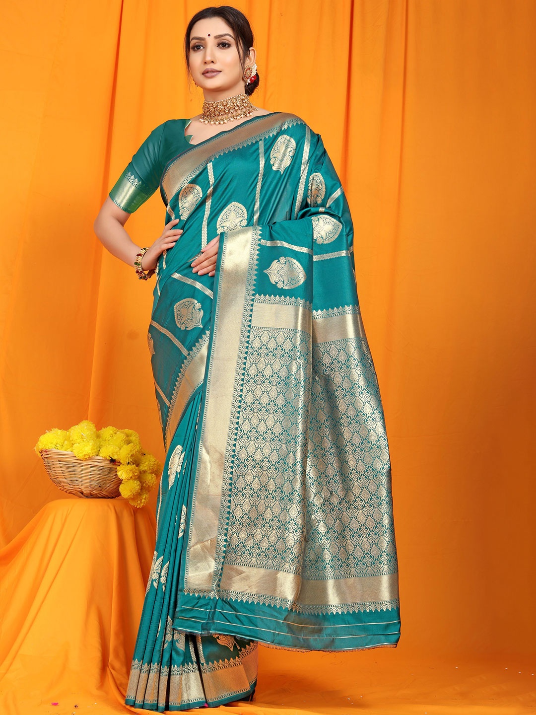 

Kandora Ethnic Motifs Zari Pure Silk Banarasi Saree, Teal