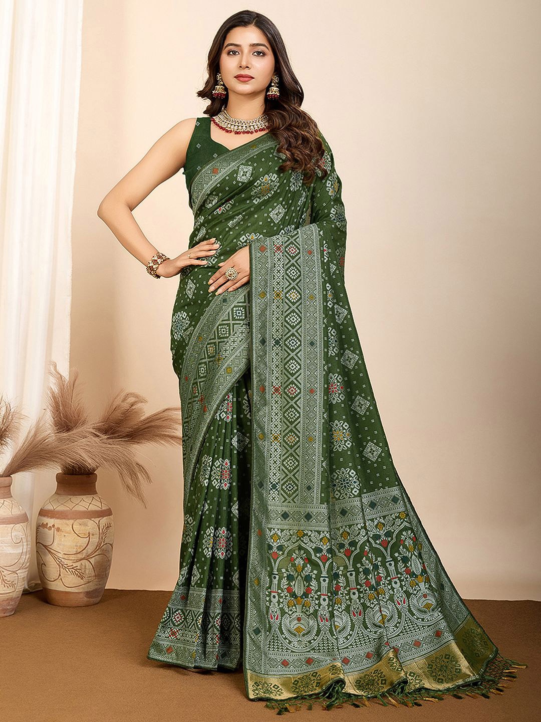 

Satrani Woven Design Pure Silk Designer Kanjeevaram Saree, Olive