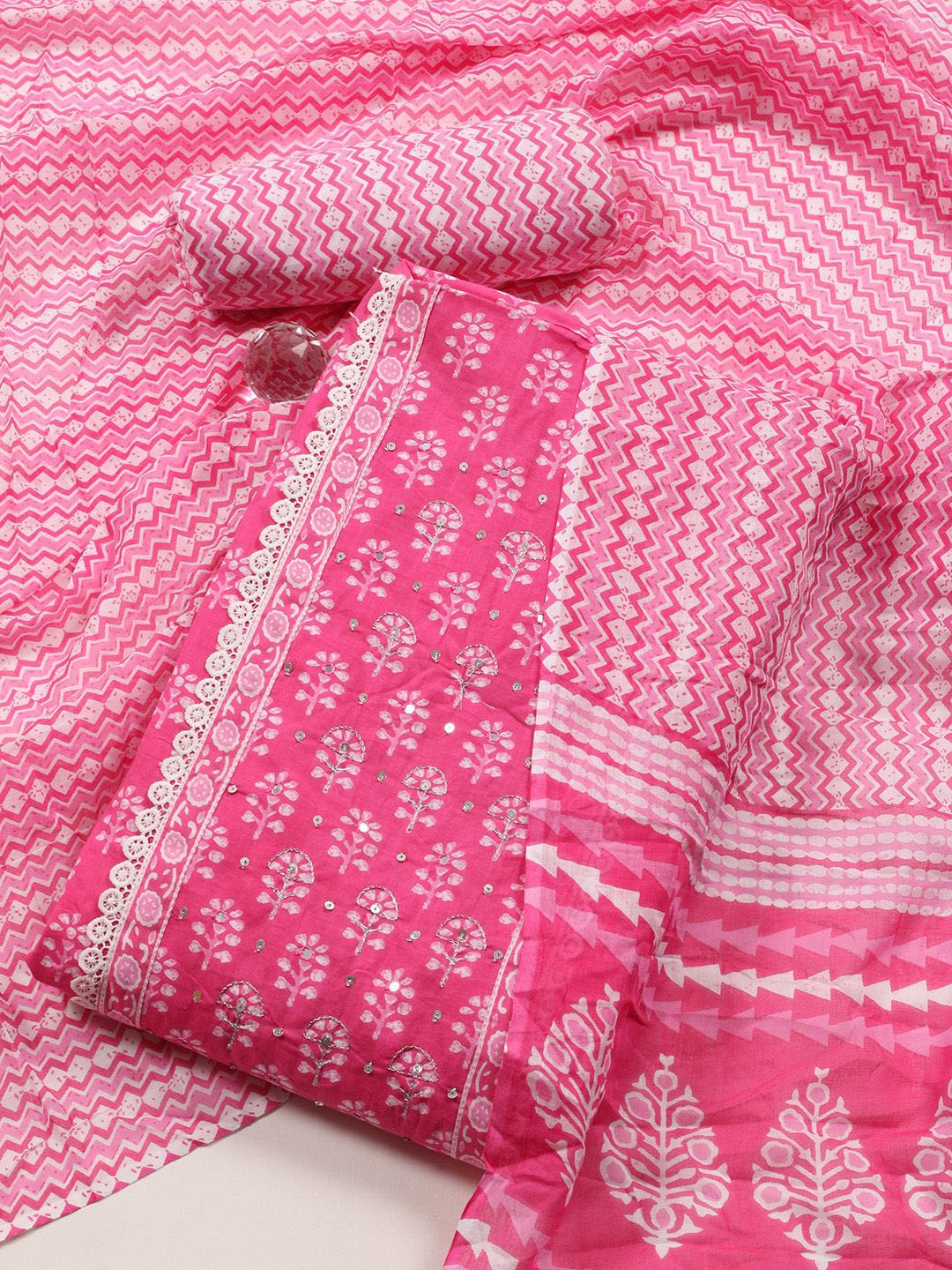 

Meena Bazaar Floral Printed Sequinned Unstitched Dress Material, Pink