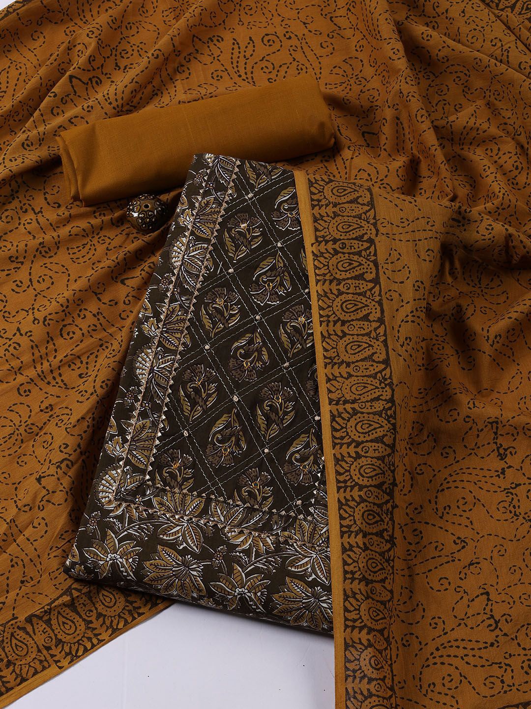 

Meena Bazaar Floral Printed Gotta Patti Cotton Unstitched Dress Material, Brown