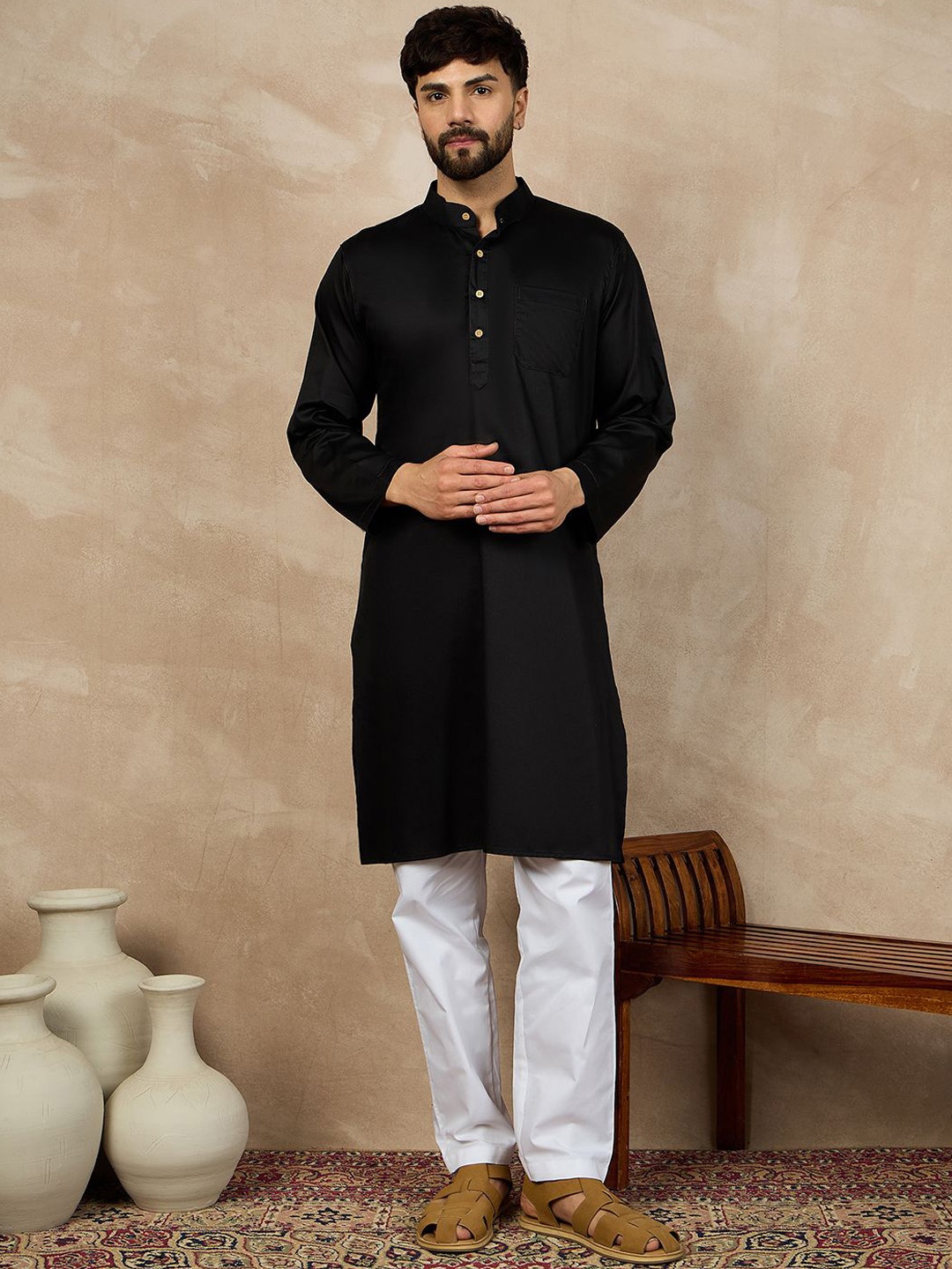 

NABIA Band Collar Straight Pure Cotton Kurta with Pyjamas, Black