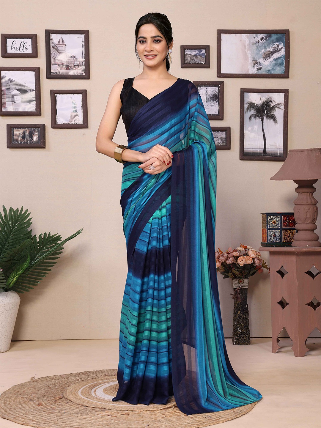 

Rhey Striped Pure Georgette Ready to Wear Saree, Blue