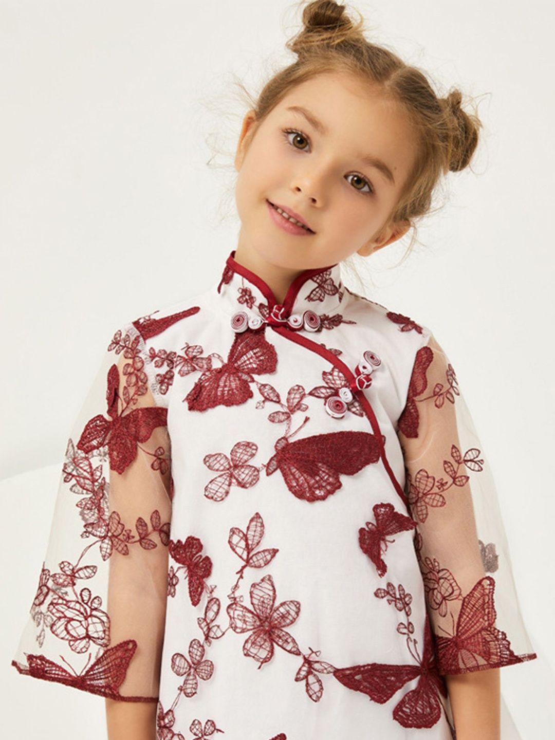 

LULU & SKY Girls Floral Self Design Shirt Collar Neck Long Sleeves A-Line Dress, White