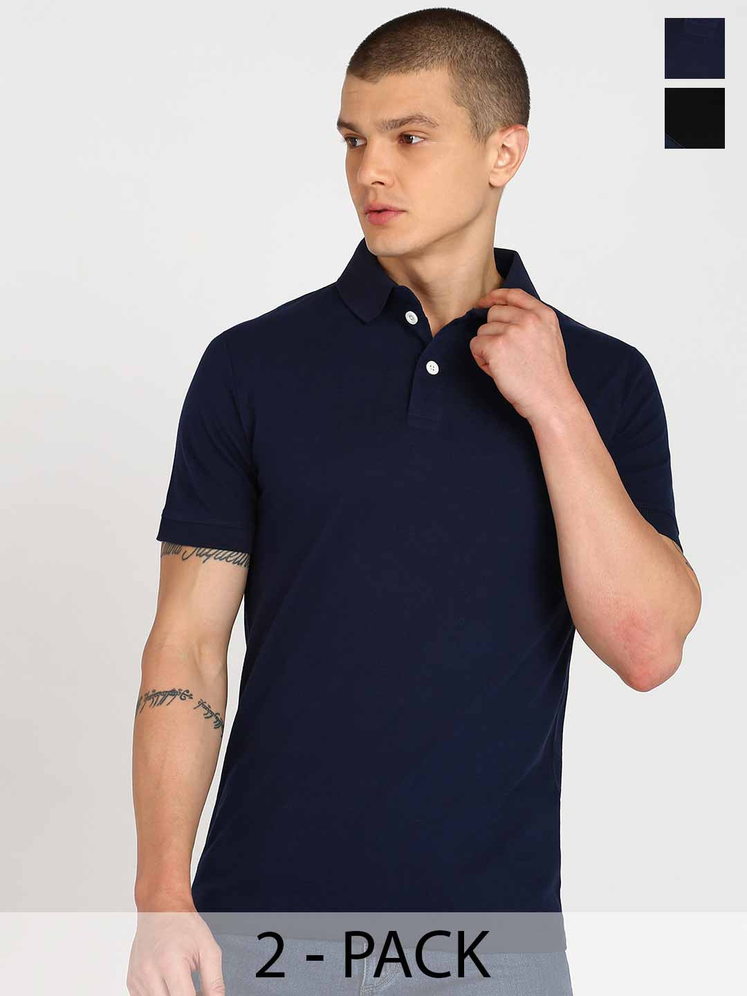 

Moda Rapido Men Pack Of 2 Solid Polo Collar Cotton Slim Fit T-shirts, Navy blue