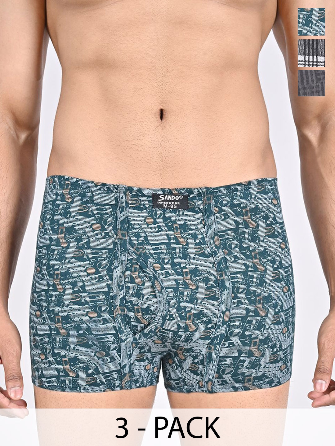 

SANDO Pack Of 3 Printed Cotton Trunks GENIUS-02-03-07, Green