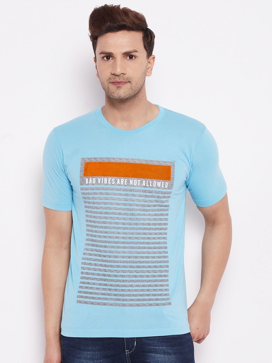 

LYCOS Men Striped Round Neck Cotton T-shirt, Turquoise blue