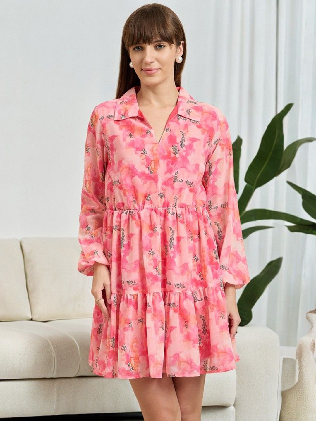 

ANJIR Women Abstract Printed Above Knee A-Line Mini Dress, Pink