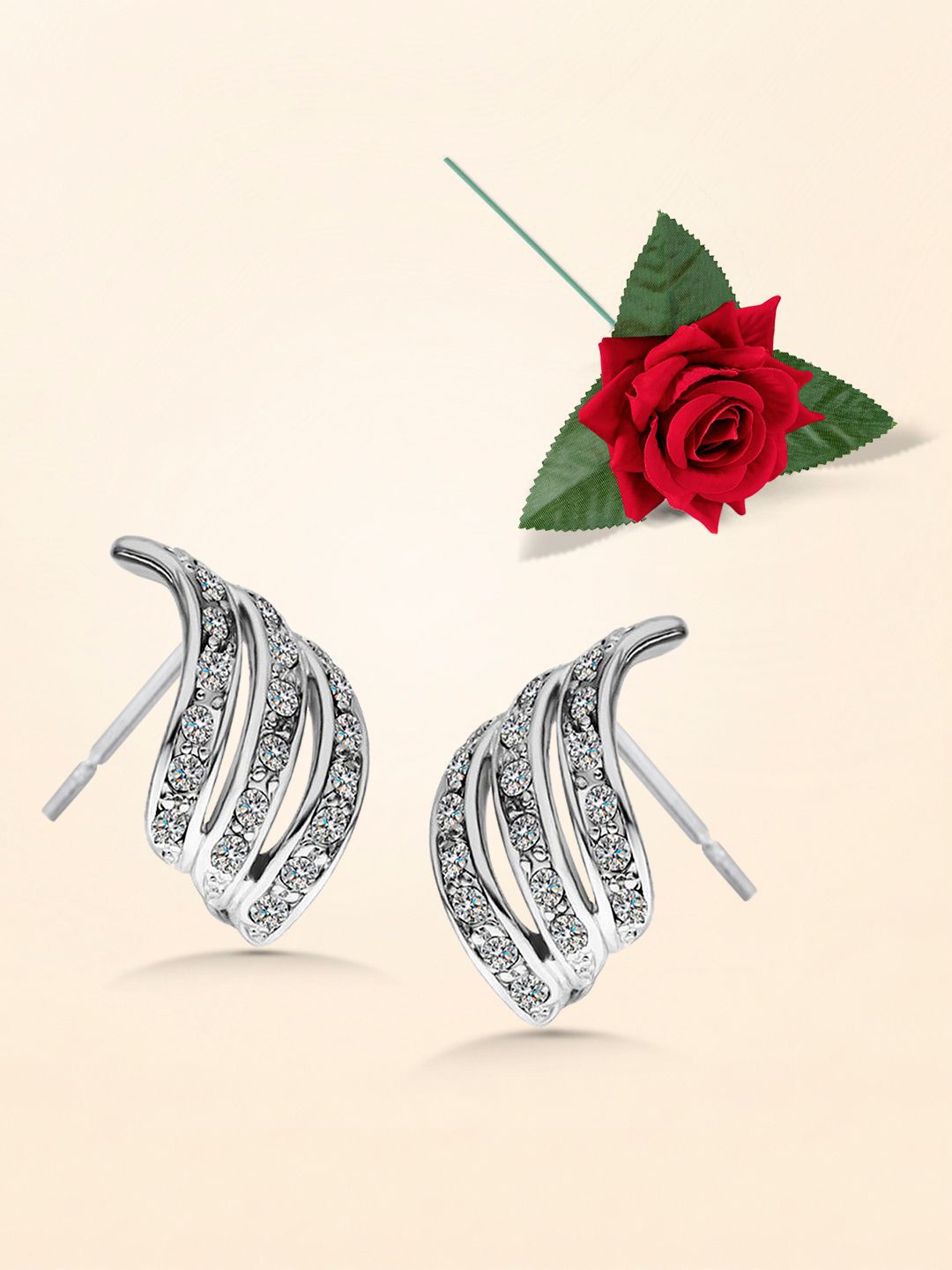 

Peora Silver-Plated Cubic Zirconia Studded Contemporary Shaped Studs With Red Rose Box