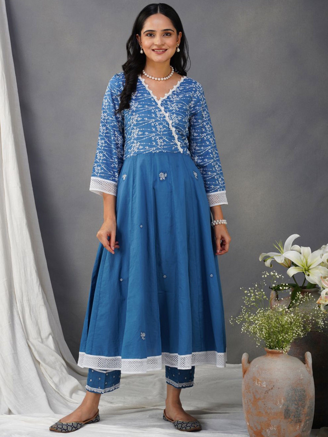 

zuri Floral Embroidered V-Neck Cotton Anarkali Kurta, Blue
