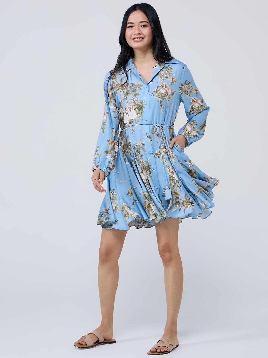 

20Dresses Women Floral Printed Shirt Collar Shirt Dress with a Belt, Blue
