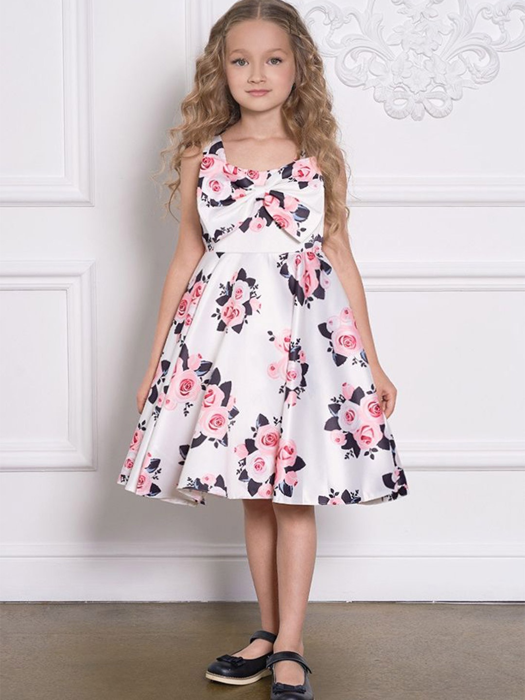 

LULU & SKY Girls Floral Printed Bow Detail Fit & Flare Dress, White