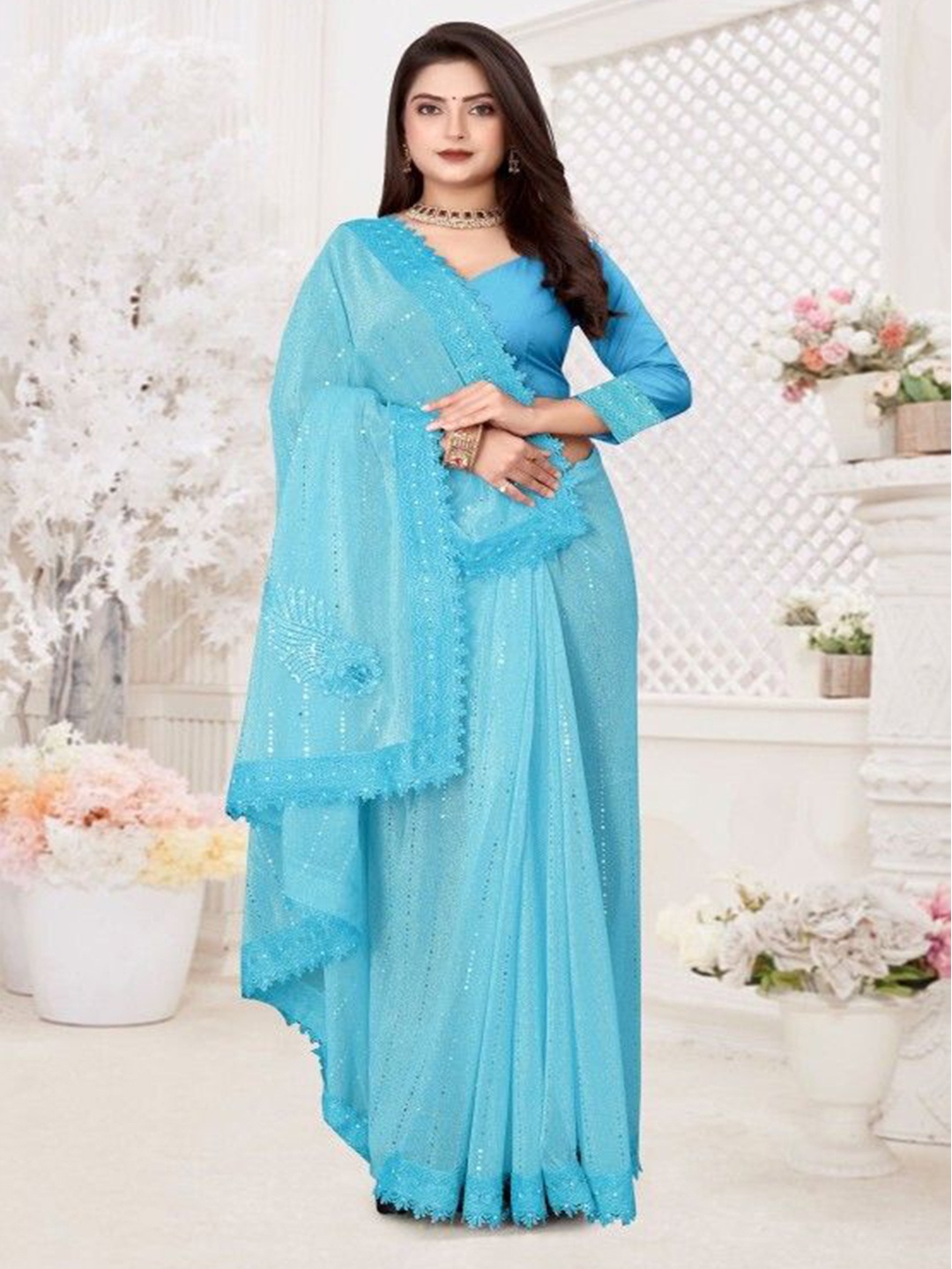 

LADY SHOPI Embellished Mirror Heavy Work Saree, Turquoise blue