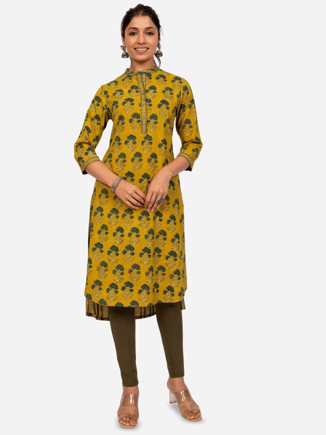 

INDIE JHOLA Floral Printed Band Collar Cotton Straight Kurta, Mustard