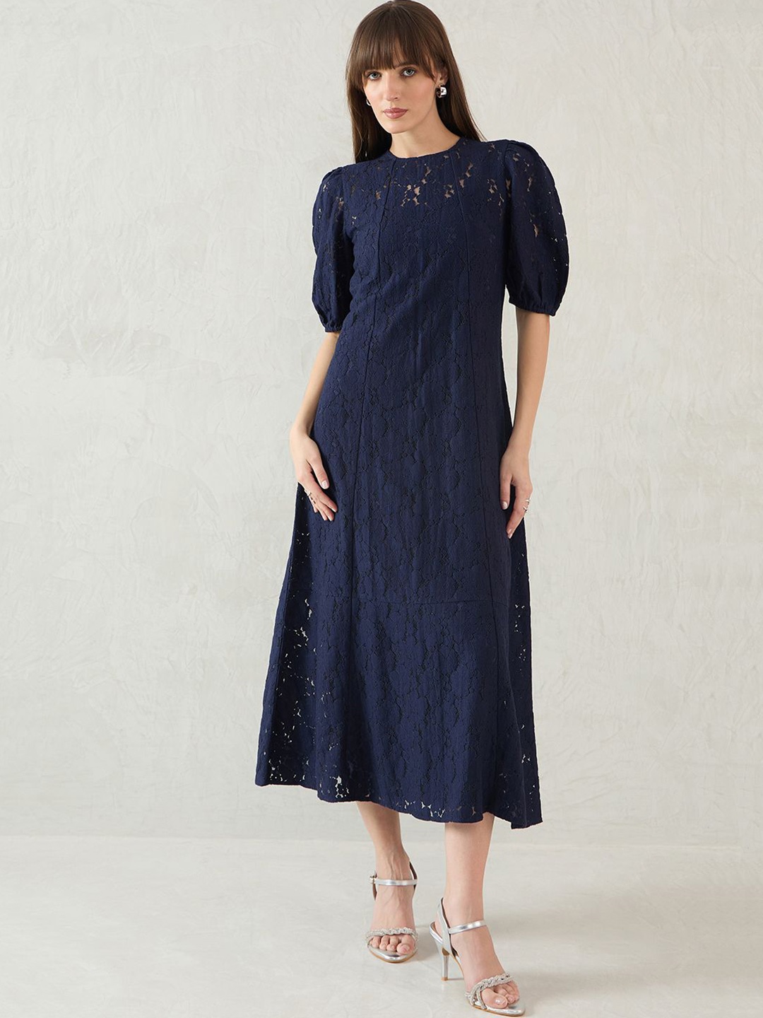 

FEMMELLA Women Puff Sleeve A-Line Dress, Navy blue
