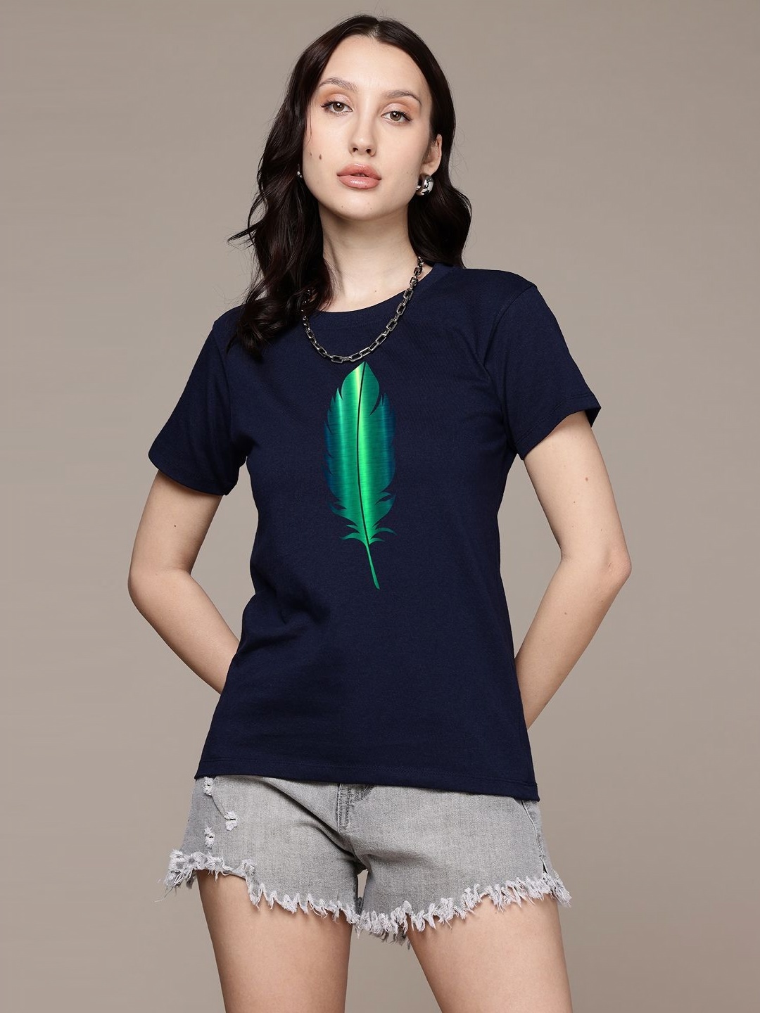 

Moda Rapido Women Graphic Printed Round Neck Regular Fit Cotton T-shirt, Navy blue