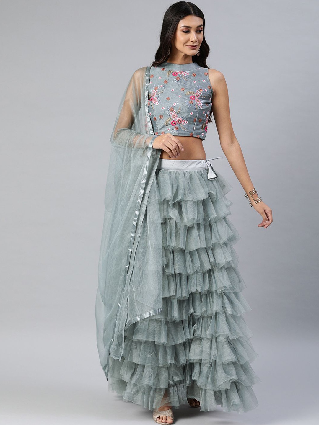 

DIVASTRI Floral Embroidered Thread Work Semi-Stitched Lehenga Choli, Grey