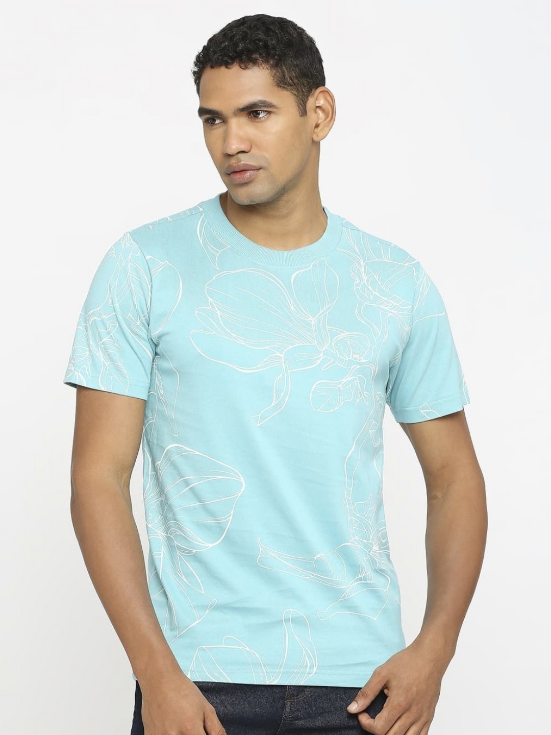 

Basics Men Floral Printed Round Neck Cotton T-shirt, Blue