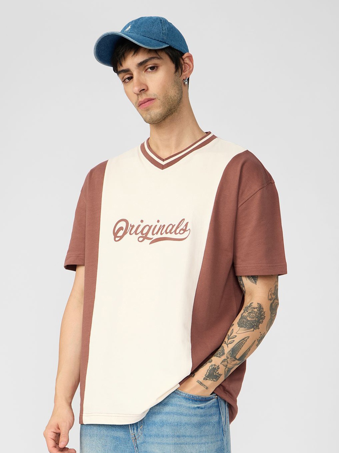 

The Souled Store Men Typography Printed V-Neck Cotton Oversized T-shirt, Cream