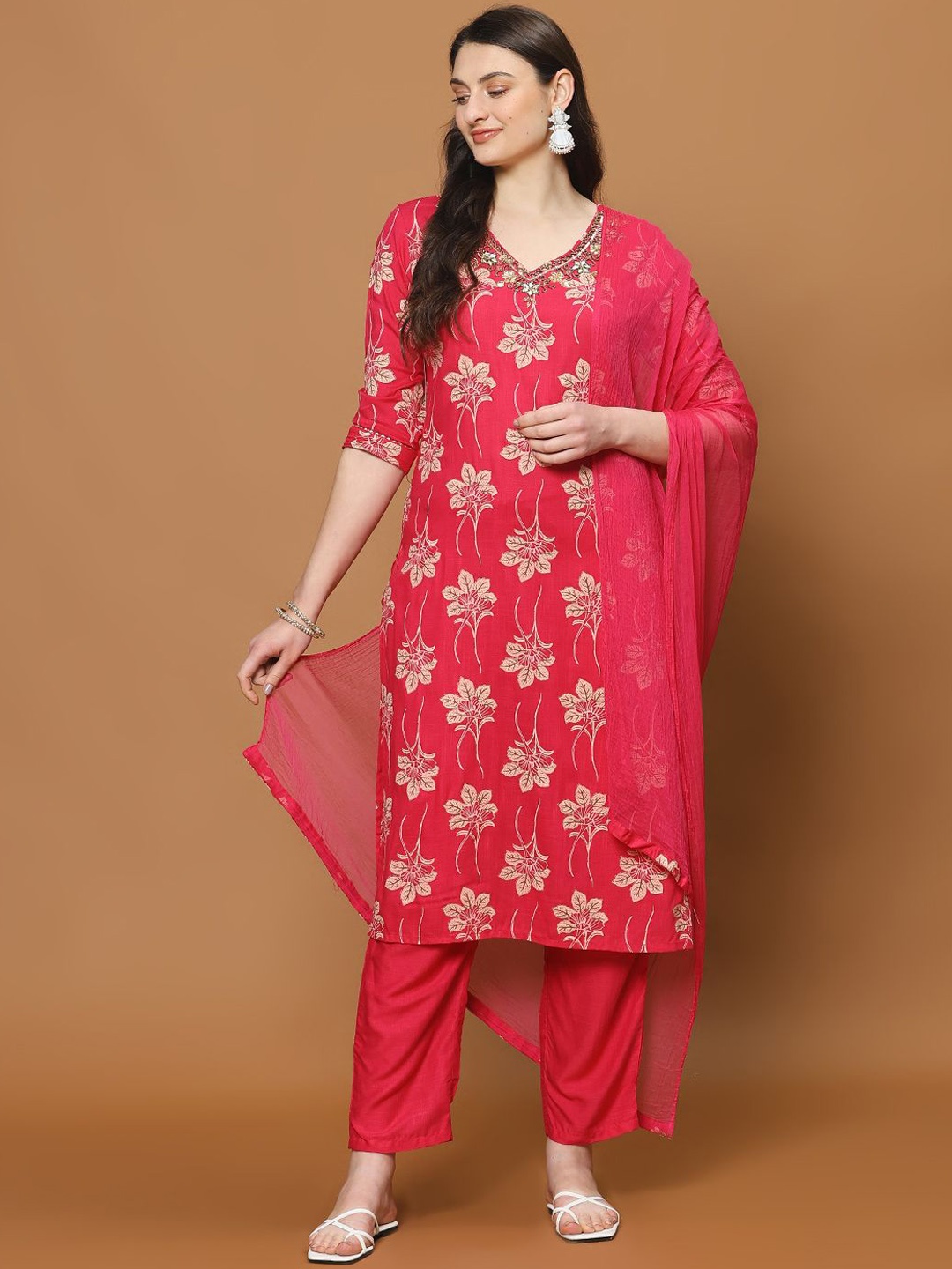 

Meena Bazaar Floral Printed Cotton Straight Kurta with Trousers & Dupatta, Pink