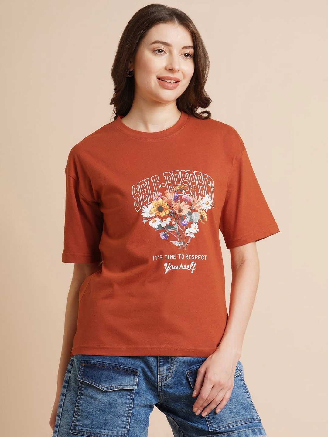 

ANJIR Women Floral Printed Round Neck T-shirt, Rust