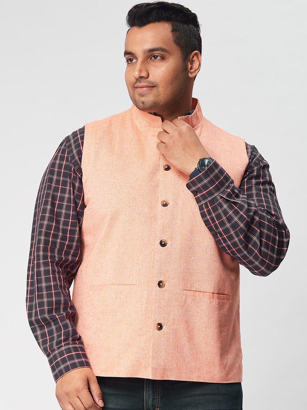 

Big Hello - The Plus Life Mandarin Collar Cotton Linen Bandhgala Waistcoat, Orange