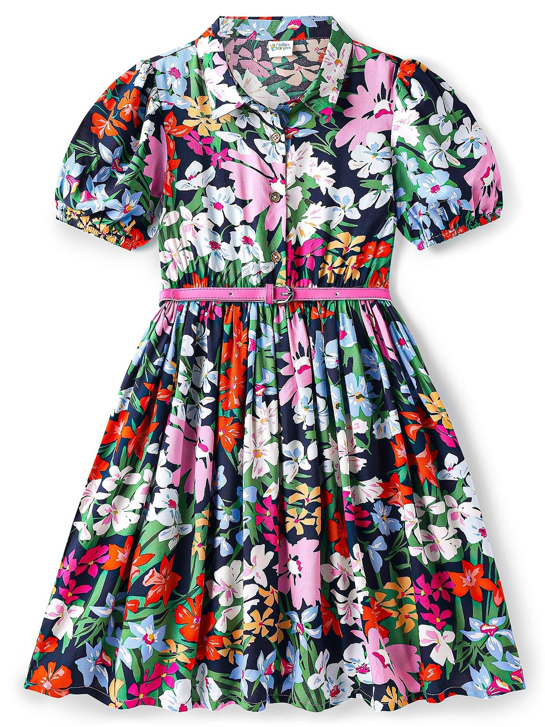 

Hola Bonita Girls Floral Printed Puffed Sleeves Fit and Flare Dress, Navy blue