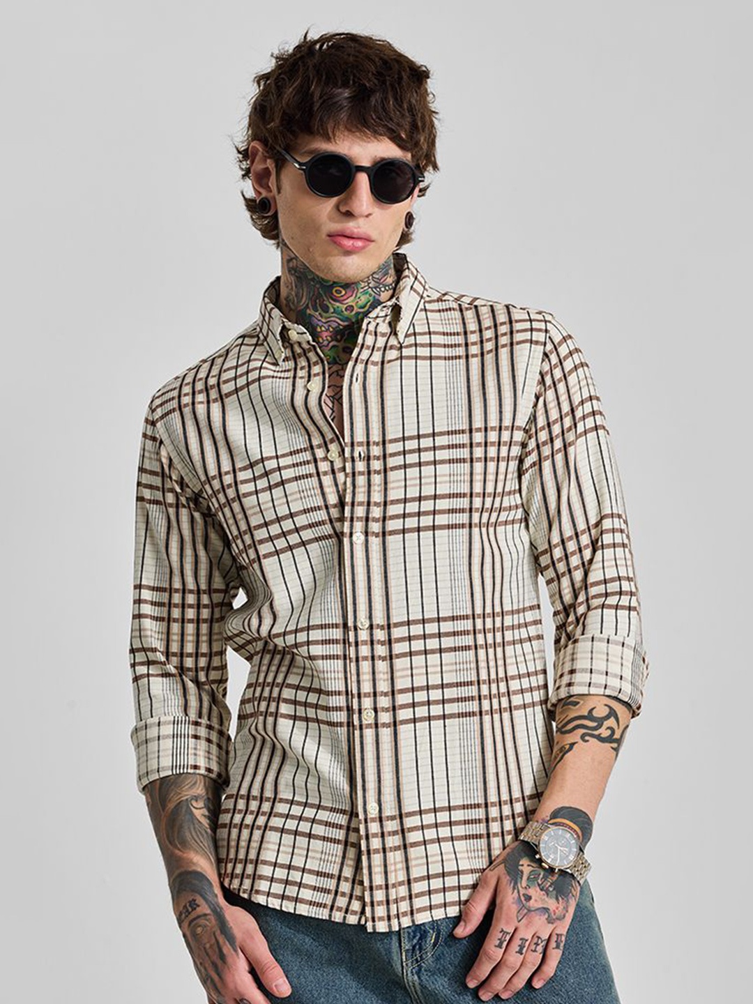 

Snitch Men Smart Slim Fit Opaque Checked Casual Shirt, Beige