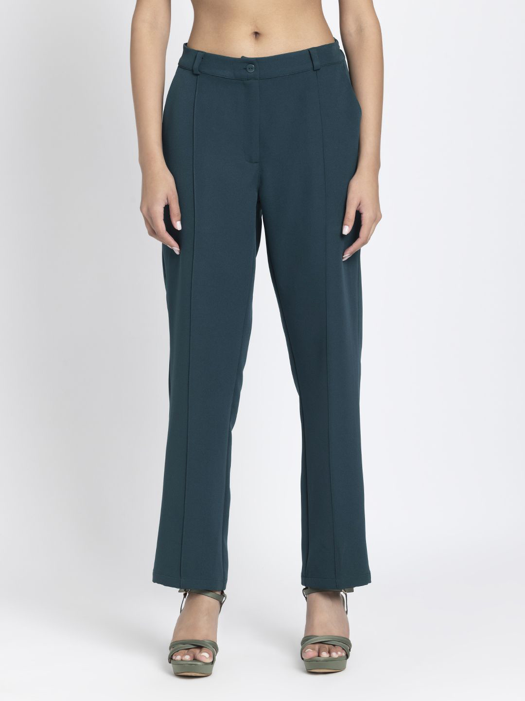 

SHAYE Women Green High-Rise Solid Casual Straight Trousers