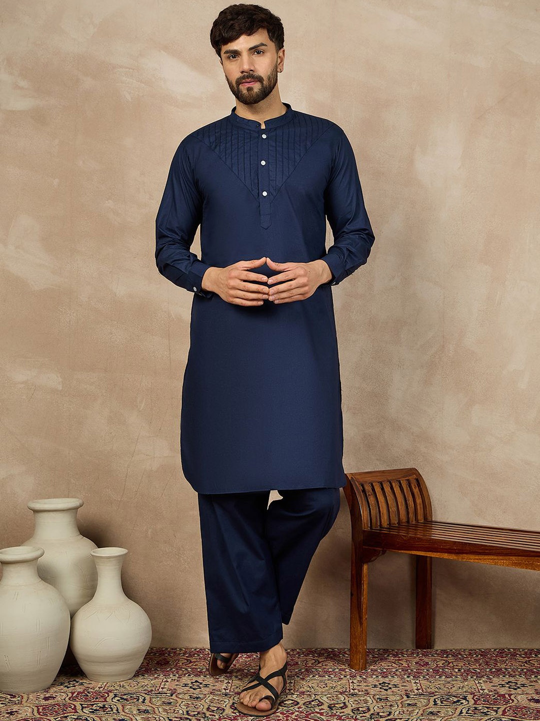 

NABIA Mandarin Collar Straight Pure Cotton Kurta With Pyjamas, Blue