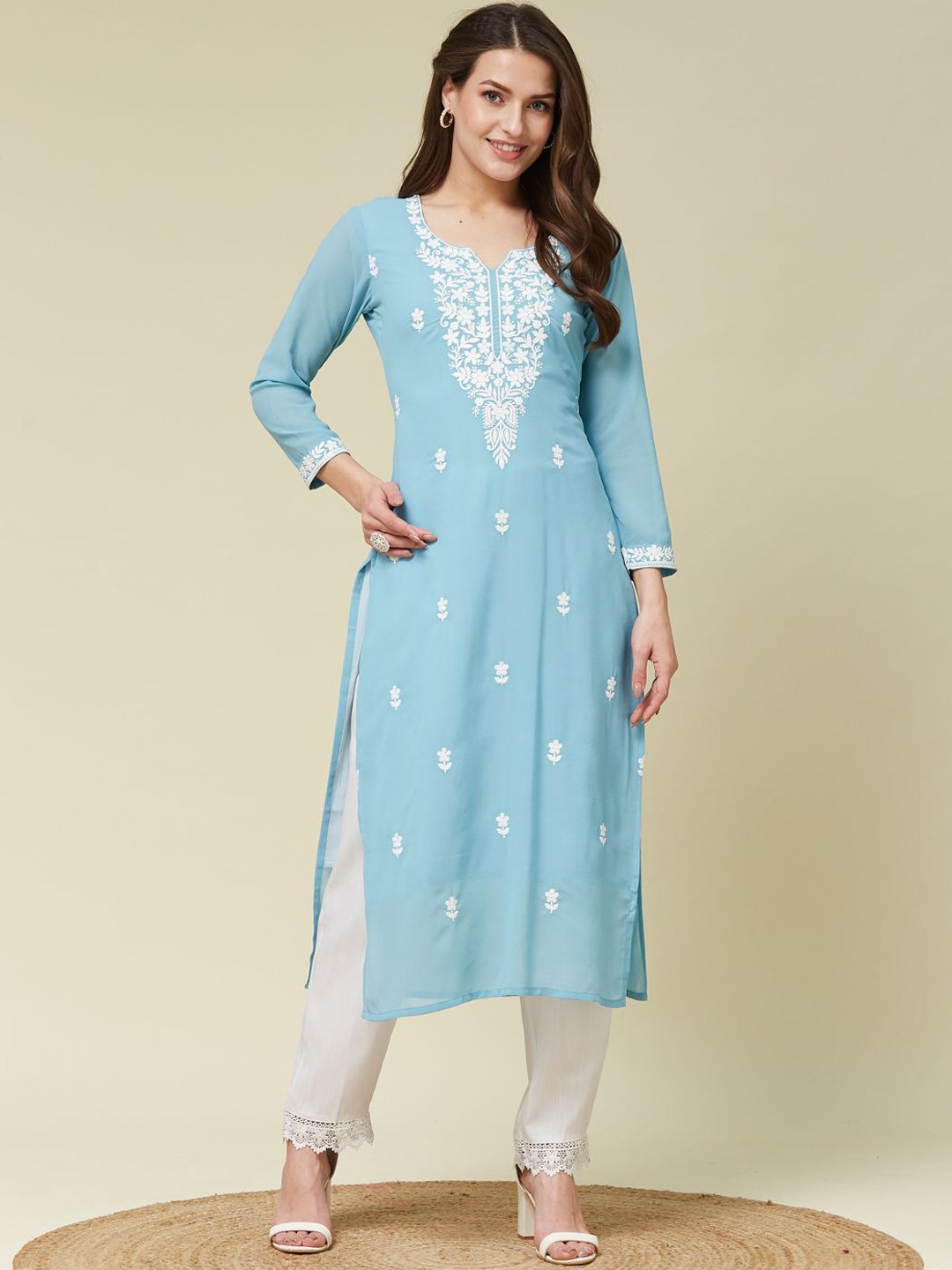 

MOKOSH Floral Embroidered Notch Neck Thread Work Georgette Straight Kurta With Trousers, Blue