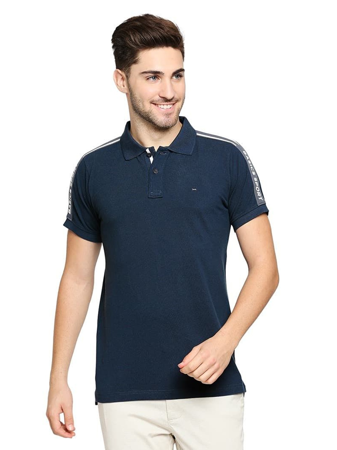 

Basics Men Solid Polo Collar Cotton T-shirt, Navy blue