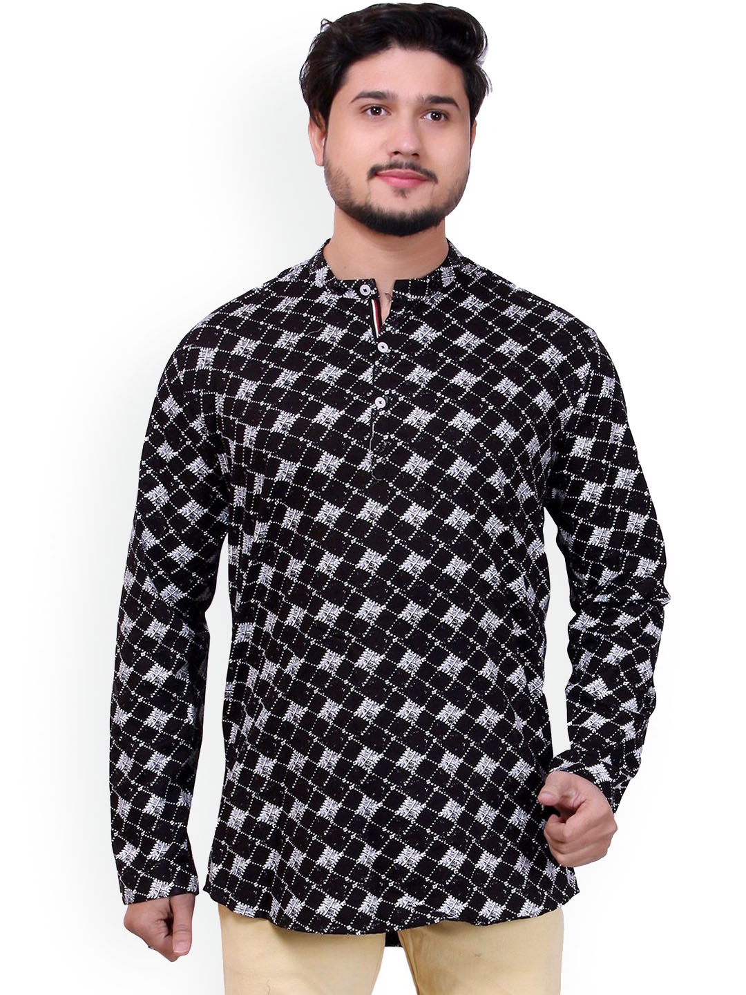 

MADE IN THE SHADE Geometric Printed Mandarin Collar Pure Cotton Kurta, Blue
