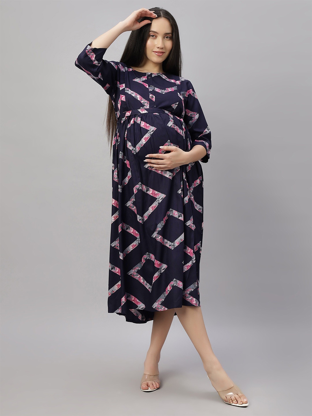 

DZZO Women Printed Maternity Fit & Flare Midi Dress with Belt, Navy blue