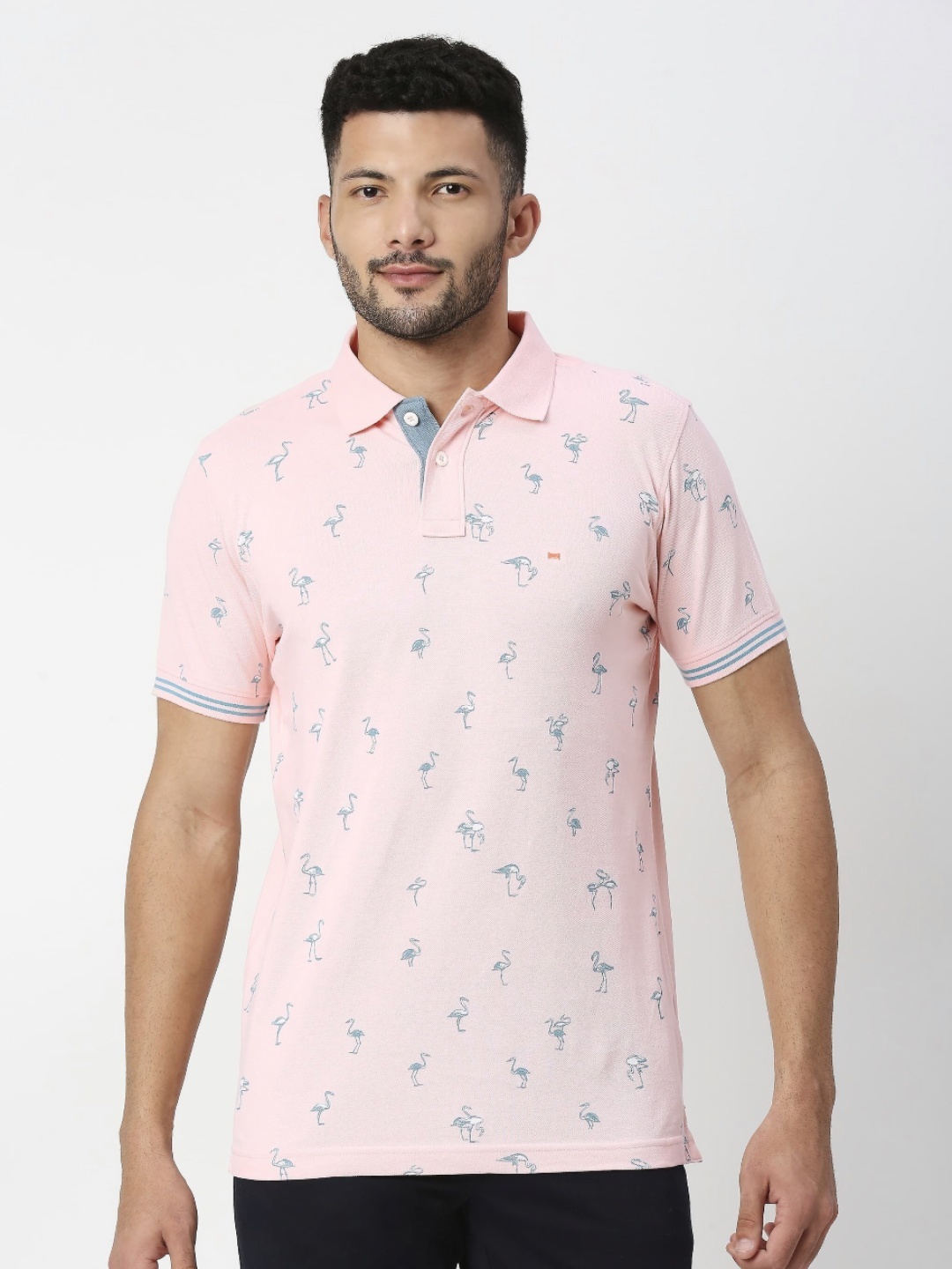 

Basics Men Conversational Printed Polo Collar Cotton Boxy T-shirt, Pink