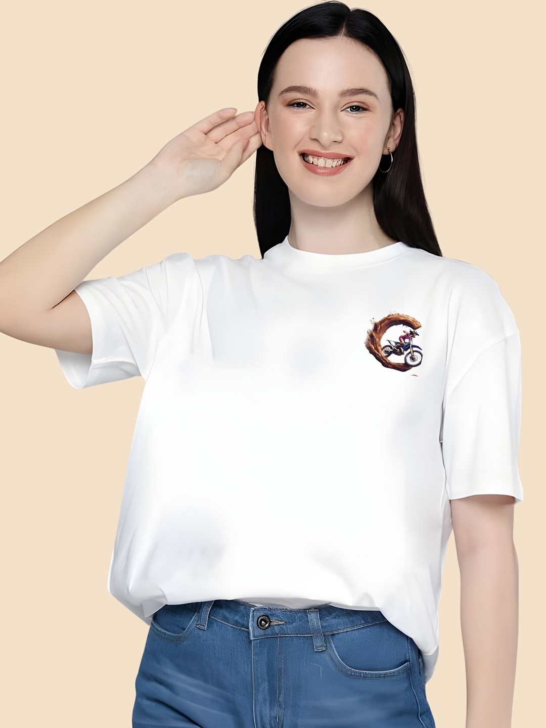 

SZN Women Graphic Printed Round Neck Cotton Oversized T-shirt, White