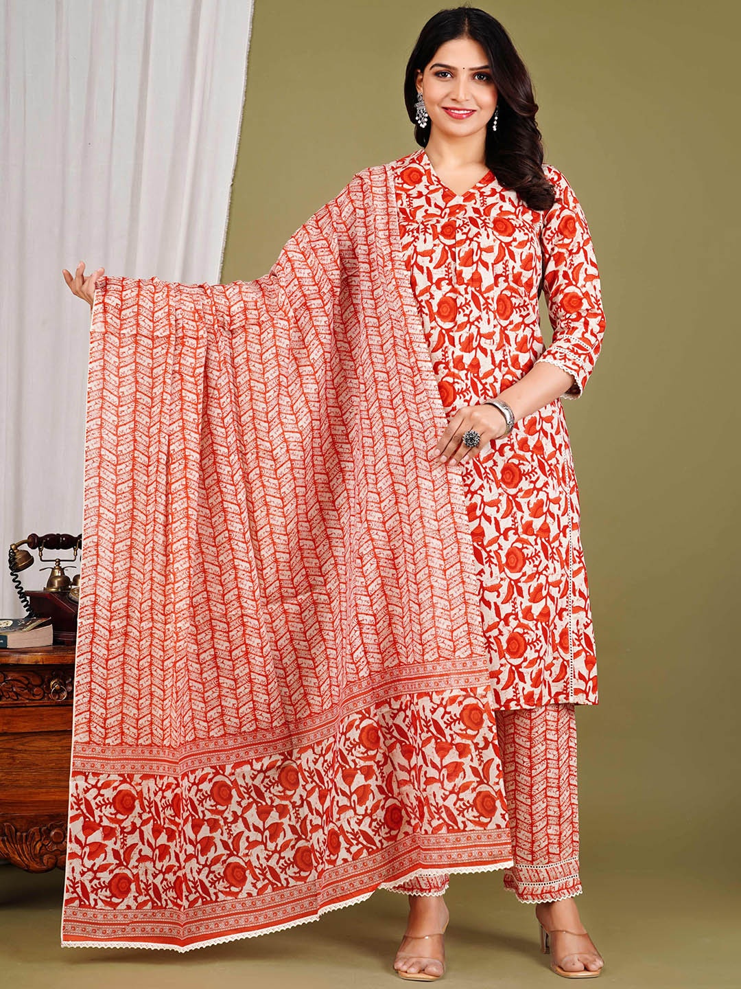 

Moajaza Floral Printed V- Neck Pure Cotton A-Line Kurta With Trousers & Dupatta, Orange